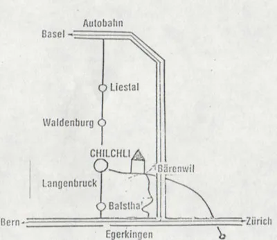 Skizze der Anfahrt: von der Autobahn Basel–Bern über Egerkingen, Balsthal und Langenbruck nach Bärenwil zum Chilchli