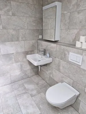 Badezimmer mit Waschbecken und WC in grauen Fliesen