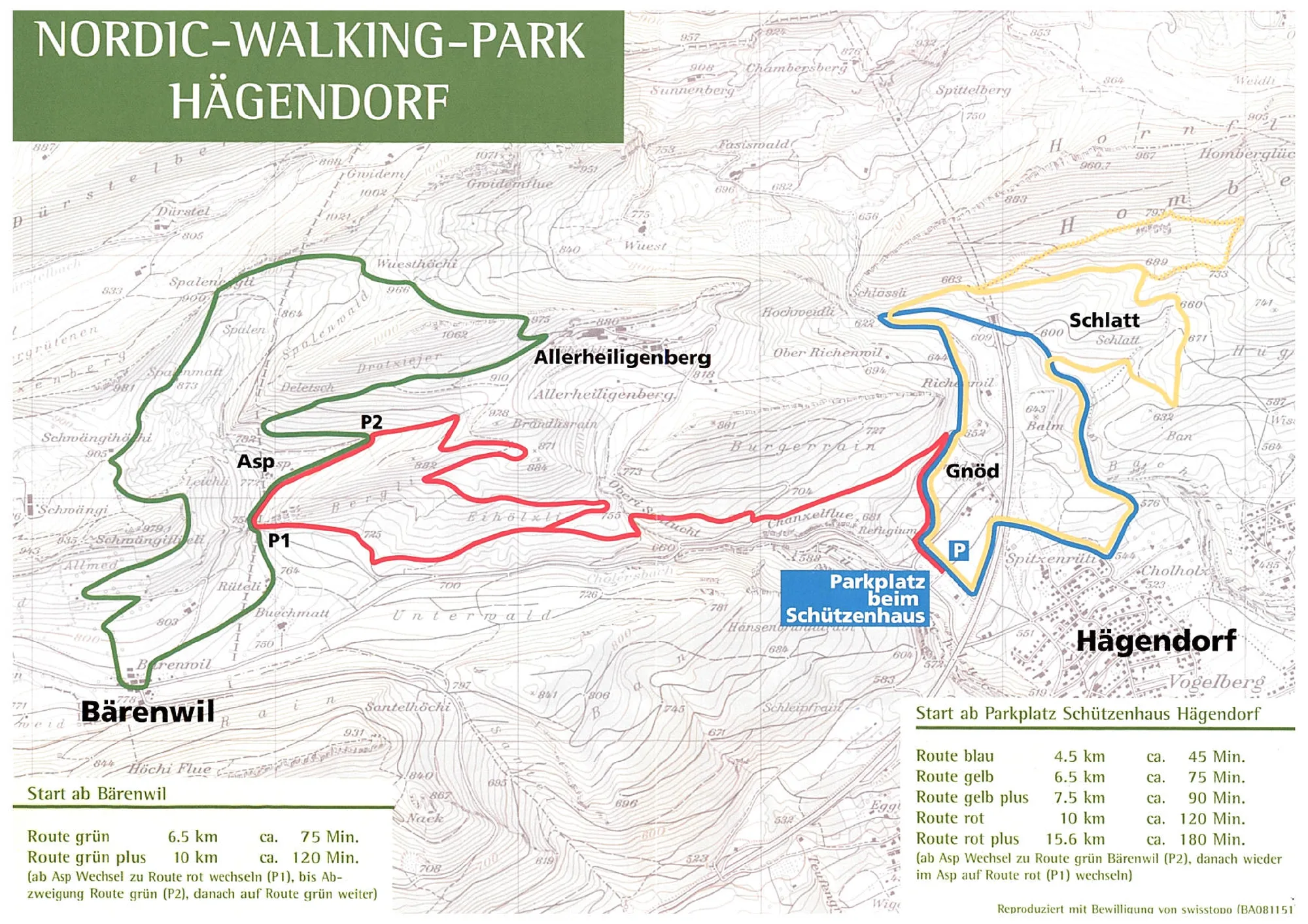 Karte des Nordic-Walking-Parks Hägendorf mit den Routen blau, gelb, rot und grün; die grüne Route startet und endet in Bärenwil